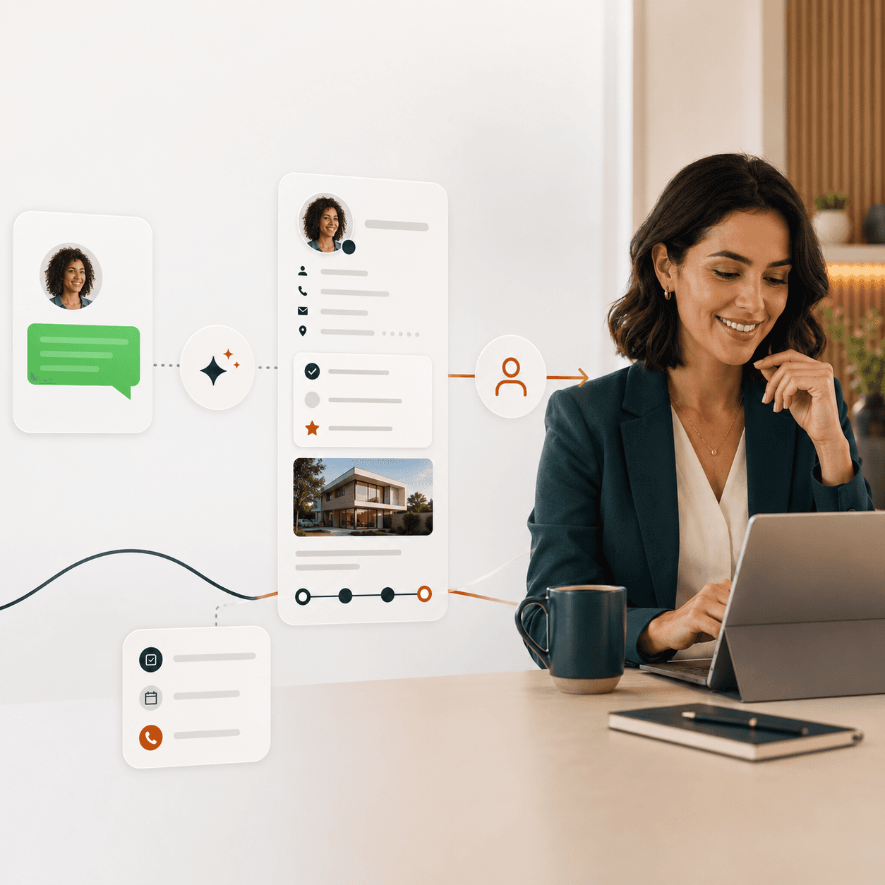 Ilustração do atendimento de um lead passando pelo WhatsApp, organização no CRM e encaminhamento para uma corretora